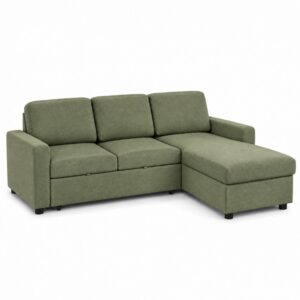 Maxwell corner sofa bed in moss green chenille with square arms and black feet, studio view