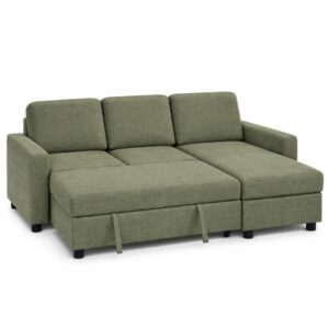 Maxwell corner sofa bed in moss green chenille opened into a bed with the pull-out platform and chaise