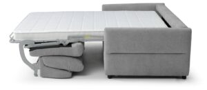 Miller Roll Out Sofa Bed in Rhea Grey Chenille, side view with the pull-out bed and mattress extended