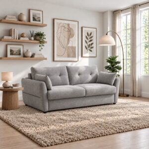 Miller Roll Out Sofa Bed in Rhea Grey Chenille with buttoned back cushions, in a bright living room