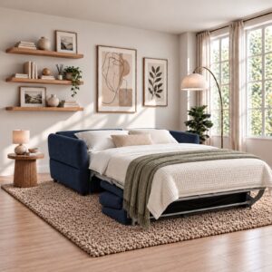 Miller Roll Out Sofa Bed in Rhea Navy Chenille opened out into a made-up double guest bed