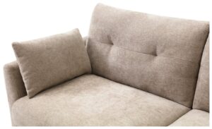 Miller Roll Out Sofa Bed in Rhea Taupe Chenille, close-up of the tufted back cushion and curved arm
