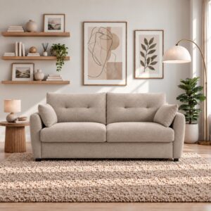 Miller Roll Out Sofa Bed in Rhea Taupe Chenille, styled in a neutral living room