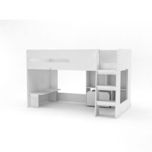 Kudl white mid sleeper with ladder at the foot end, corner desk, cube bookcase and pull-out toybox