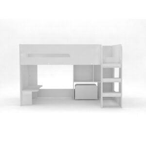 Front view of the Kudl white mid sleeper showing the three-tread ladder, desk and toybox