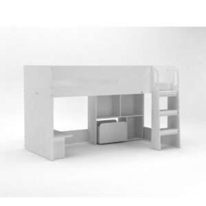 Kudl white mid sleeper from the other end, with the desk in front and the bookcase behind