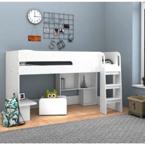 Kudl white mid sleeper in a child's bedroom with the desk, cube bookcase and toybox underneath