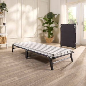 Jay-Be ME70 Mobile single folding bed open with striped Comfort Stripe mattress in a bright spare room