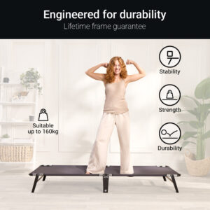 Jay-Be ME70 Mobile folding bed frame supporting a standing adult, rated to 160 kg