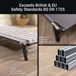 Jay-Be ME70 Mobile folding bed zinc-coated steel frame, J-Grip anti-tip legs and Mono-Tex platform