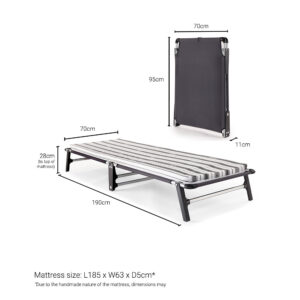 Jay-Be ME70 Mobile folding bed dimensions: open 70 x 190 cm, 28 cm high; folded 70 x 95 x 11 cm