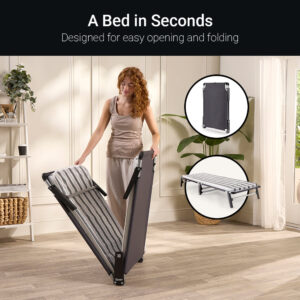 Opening the Jay-Be ME70 Mobile folding bed in seconds, with folded and open close-ups
