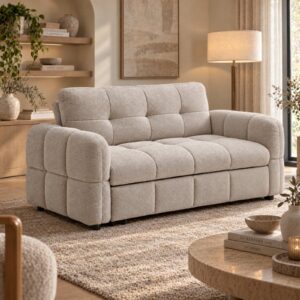 Morgan Quilted 2 Seater Sofa Bed in Thetis Taupe Chenille in a warm neutral living room with a round coffee table