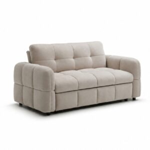 Morgan Quilted 2 Seater Sofa Bed in taupe chenille, three-quarter view showing the deep quilted arms and seat