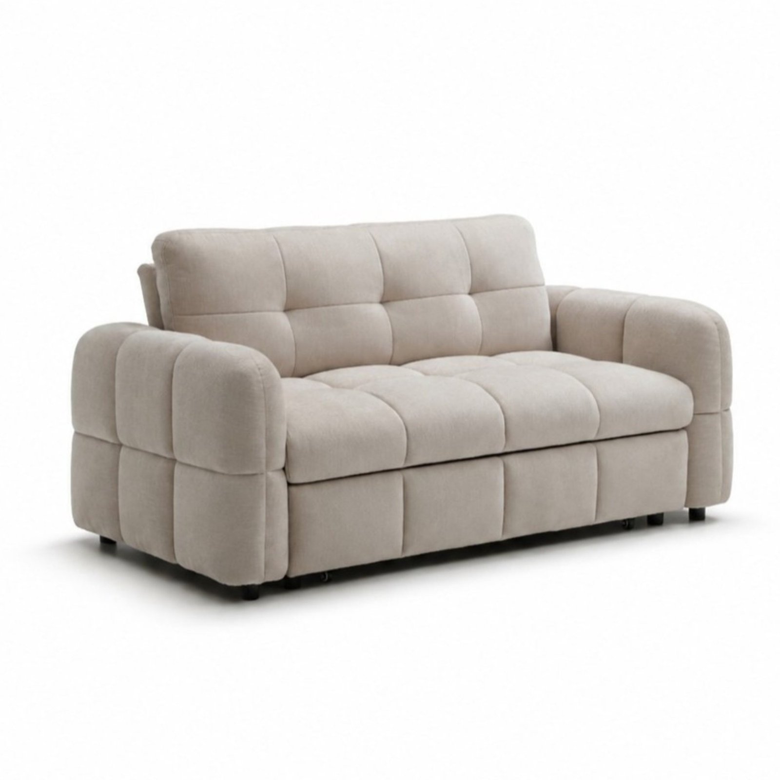 Morgan Quilted 2 Seater Sofa Bed in taupe chenille, three-quarter view showing the deep quilted arms and seat