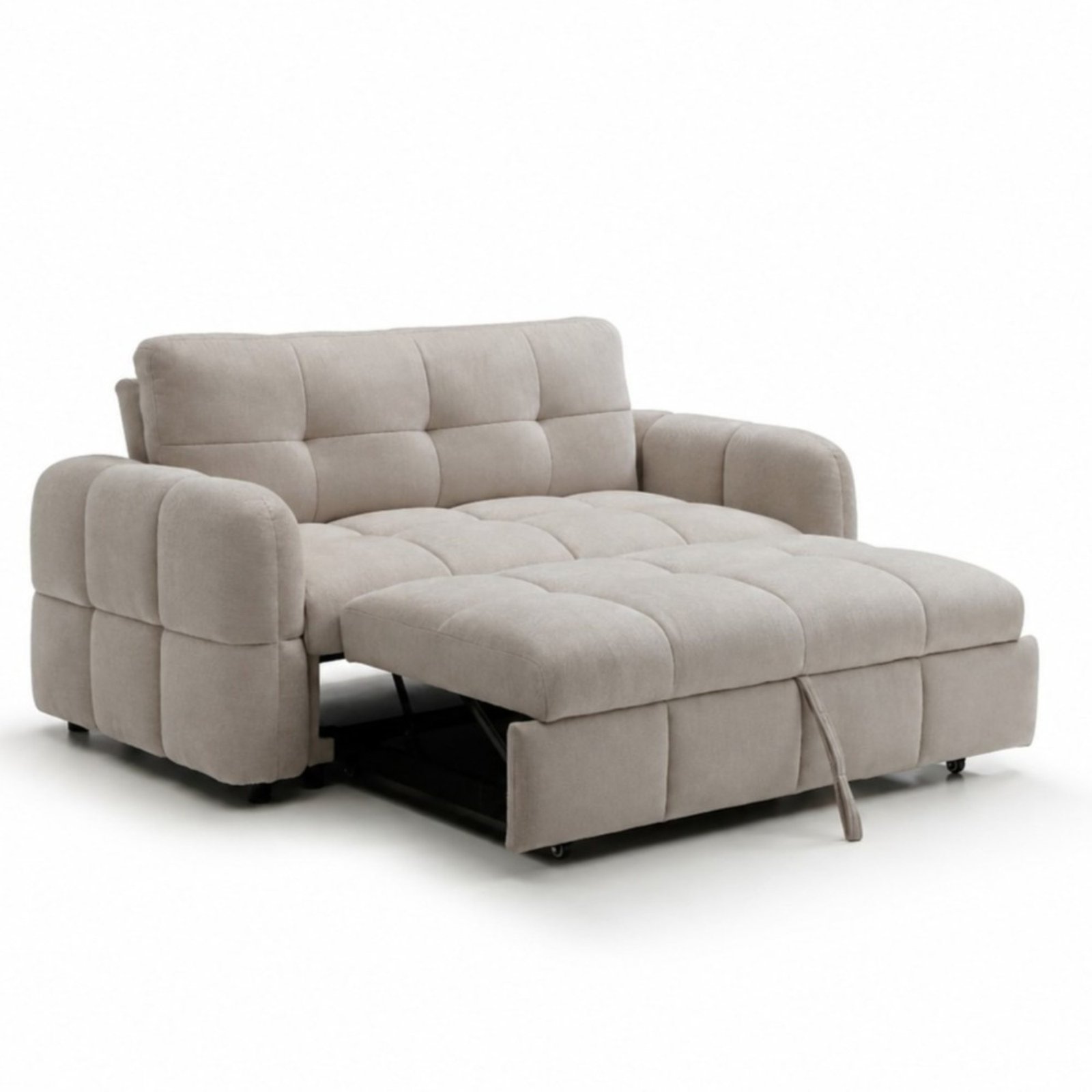 Morgan 2 Seater Sofa Bed half opened, pull-out bed section and pull strap visible under the quilted seat