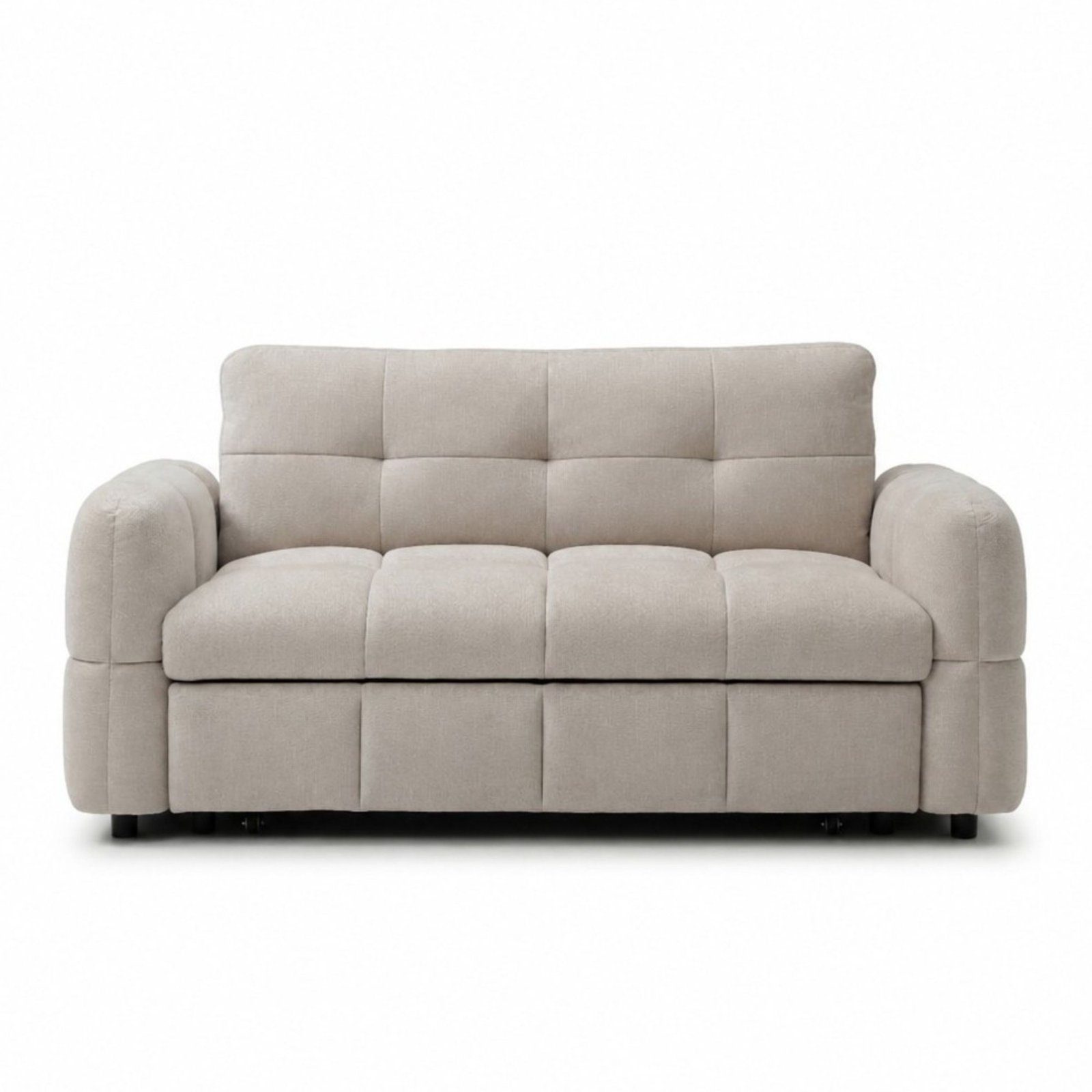 Morgan Quilted 2 Seater Sofa Bed front view, closed, showing channel-quilted back cushions and chunky arms