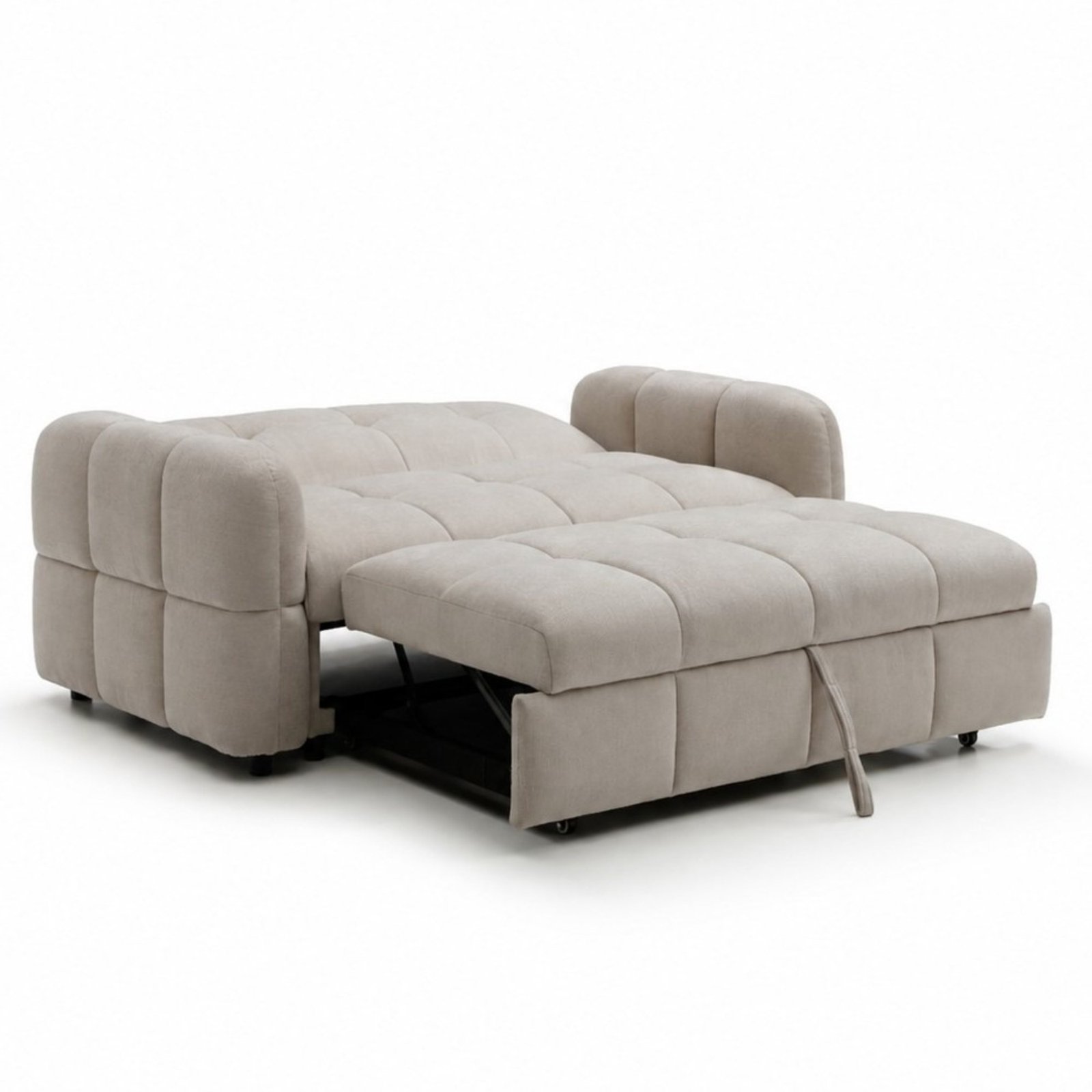 Morgan 2 Seater Sofa Bed fully opened into a bed, quilted taupe sleeping surface between the arms