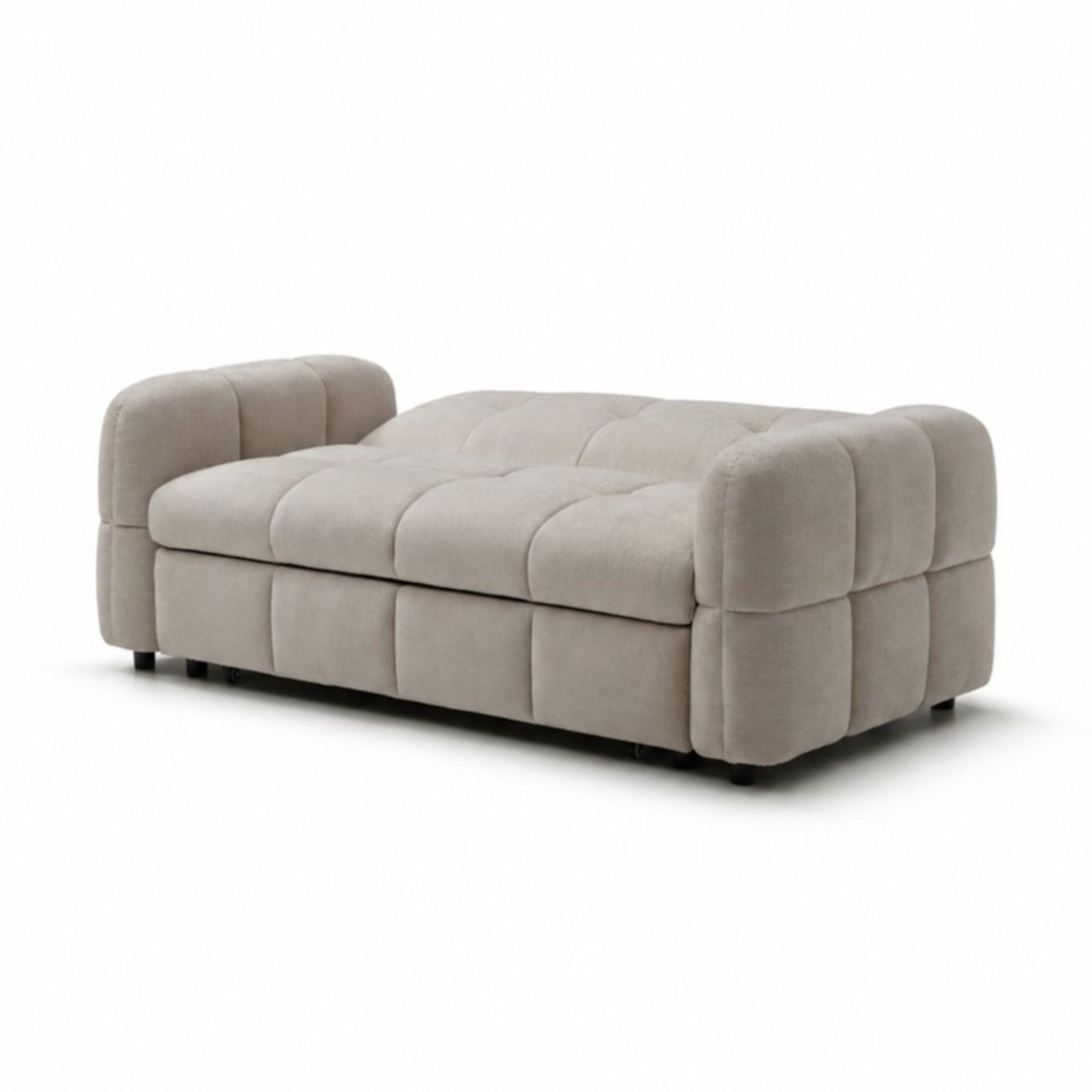 Morgan Quilted 2 Seater Sofa Bed opened flat as a bed, viewed from the side in taupe chenille