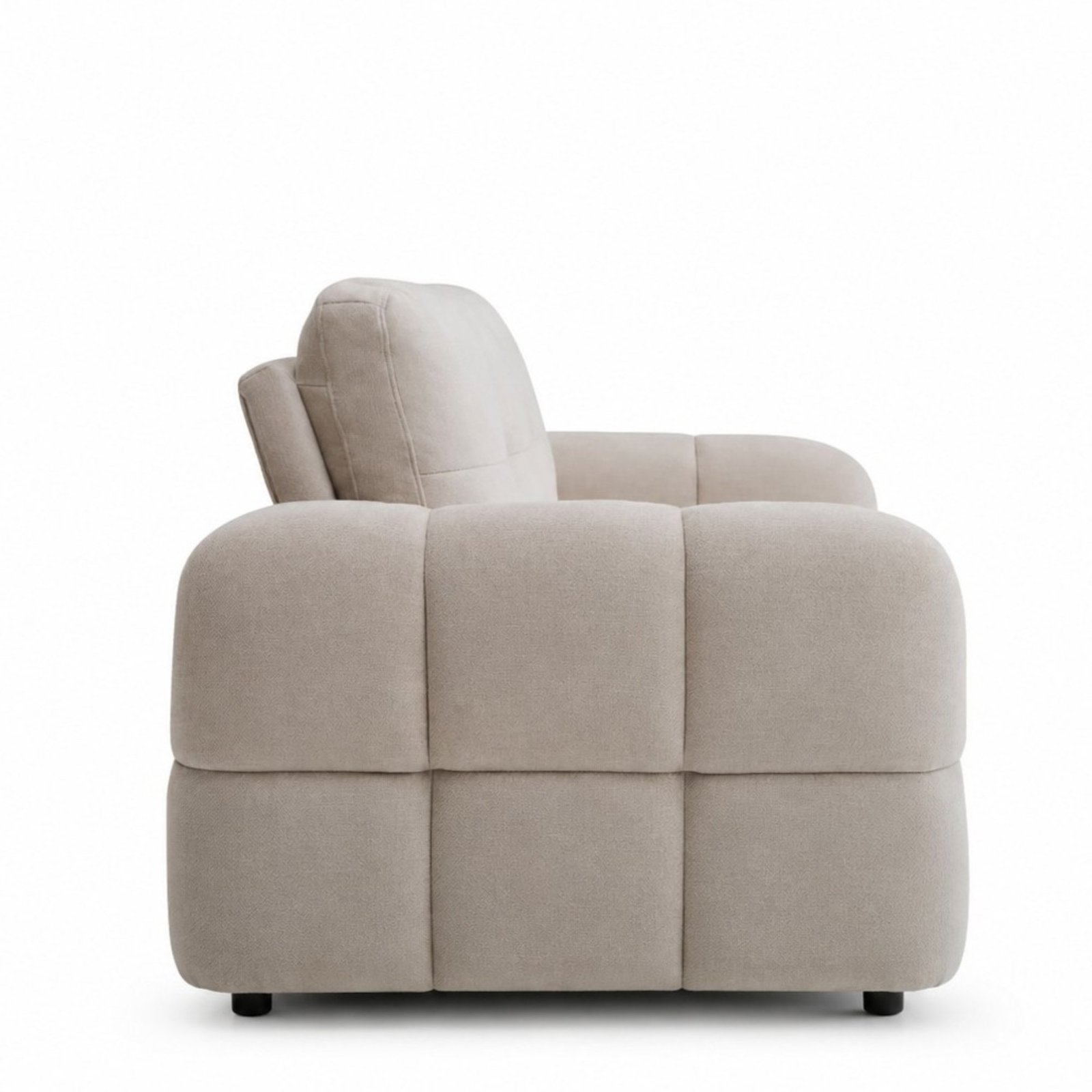 Side profile of the Morgan Quilted 2 Seater Sofa Bed showing the 91.5cm depth and padded quilted arm