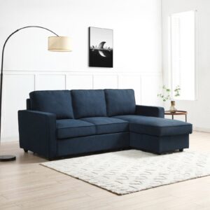 Myles Corner Sofa Bed in Themis Blue, in a styled room setting