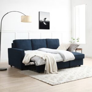 Myles Corner Sofa Bed in Themis Blue, in a styled room setting