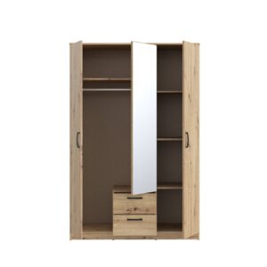 Artisan Oak Niko mirrored wardrobe with doors open, front view