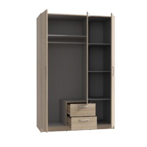 Sonoma Oak Niko mirrored wardrobe open, showing rail, shelves and drawers
