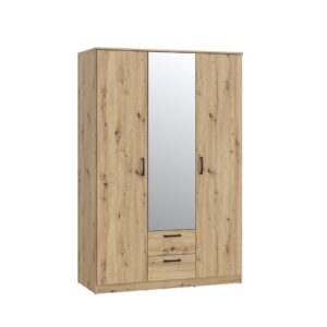 Niko 123cm mirrored wardrobe in Artisan Oak with black handles, angled view