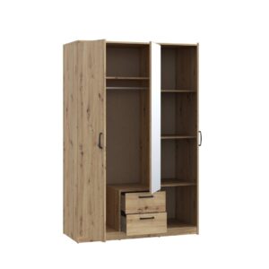 Artisan Oak Niko mirrored wardrobe open, showing hanging space and shelves