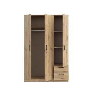 Artisan Oak Niko wardrobe with doors open and drawers pulled out