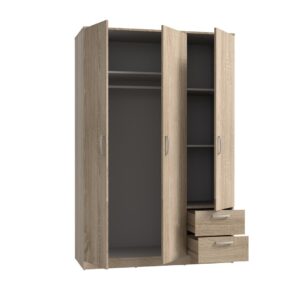 Sonoma Oak Niko wardrobe open, showing hanging rail, shelves and drawers