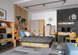 Qubic 03 Wardrobe with LED in Oak Artisan / Silk Flou, Oak Artisan and Raw Steel (drawer), interior layout — Arte-N kids wardrobe
