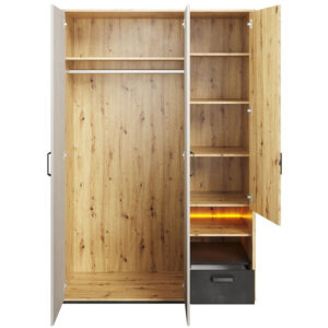 Qubic 02 Wardrobe with LED in Oak Artisan / Silk Flou and Raw Steel (drawer), shown at an angle — Arte-N kids wardrobe