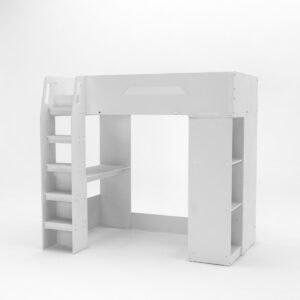 Kudl white high sleeper showing the ladder with handholds, the built-in desk and the three-shelf side unit