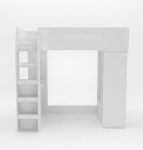 Side view of the Kudl white high sleeper with the ladder and the tall shelving unit