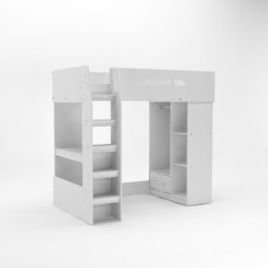 Kudl white high sleeper from the other side, showing the wardrobe hanging rail and storage drawer under the bed