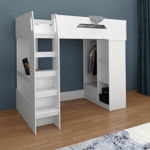 Kudl white high sleeper bed in a bedroom with clothes on the hanging rail, a drawer below and the ladder beside the desk