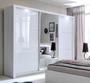 Siena 12 Sliding Door Wardrobe 258cm with LED in White Gloss - interior layout with the doors open