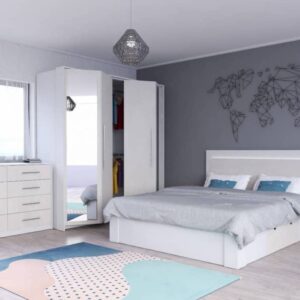 Aurelia Bedside Cabinet in Silk and White - in a bedroom setting with the matching Aurelia wardrobe and chest of drawers