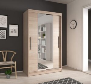 Neomi 01 Sliding Door Wardrobe 120cm in Sonoma Oak - shown in a bedroom setting, 120cm wide