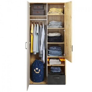 Qubic 03 Wardrobe with LED in Oak Artisan / Silk Flou, Oak Artisan and Raw Steel (drawer), shown at an angle — Arte-N kids wardrobe