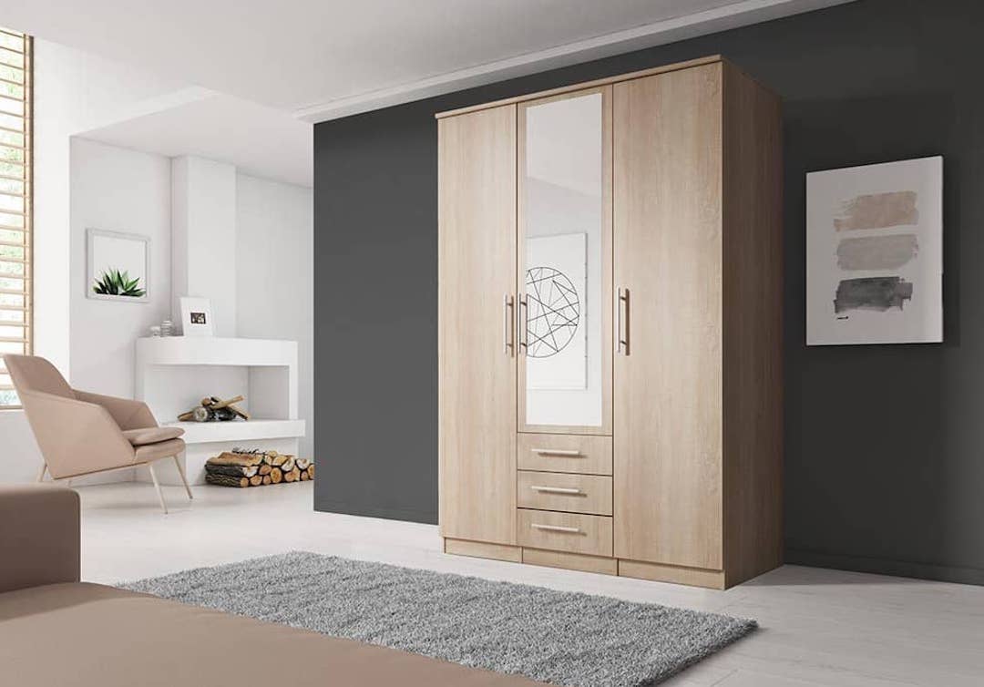 Alex Hinged Door Wardrobe 150cm in Oak Sonoma - shown in a bedroom setting, 150cm wide