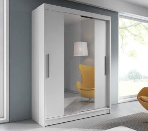 Vista 01 Sliding Mirror Door Wardrobe 150cm in White Matt - shown in a bedroom setting, 150cm wide