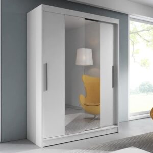 Vista 01 Sliding Mirror Door Wardrobe 150cm in White Matt - shown in a bedroom setting, 150cm wide