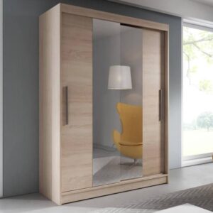 Vista 01 Sliding Mirror Door Wardrobe 150cm in Sonoma Oak - shown in a bedroom setting, 150cm wide