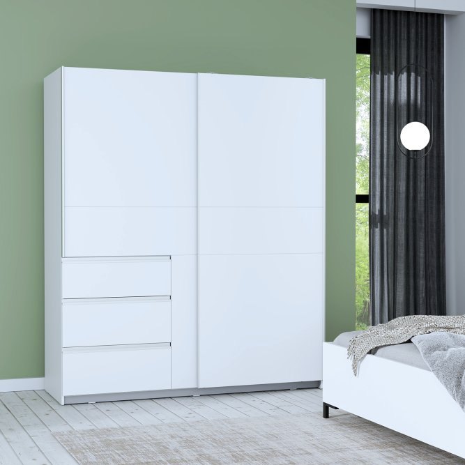 Winn II 170cm sliding wardrobe in White with three front drawers in a green-walled bedroom