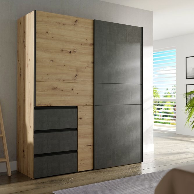 Winn II 170cm sliding wardrobe in Oak Artisan and Concrete Grey in a bright bedroom