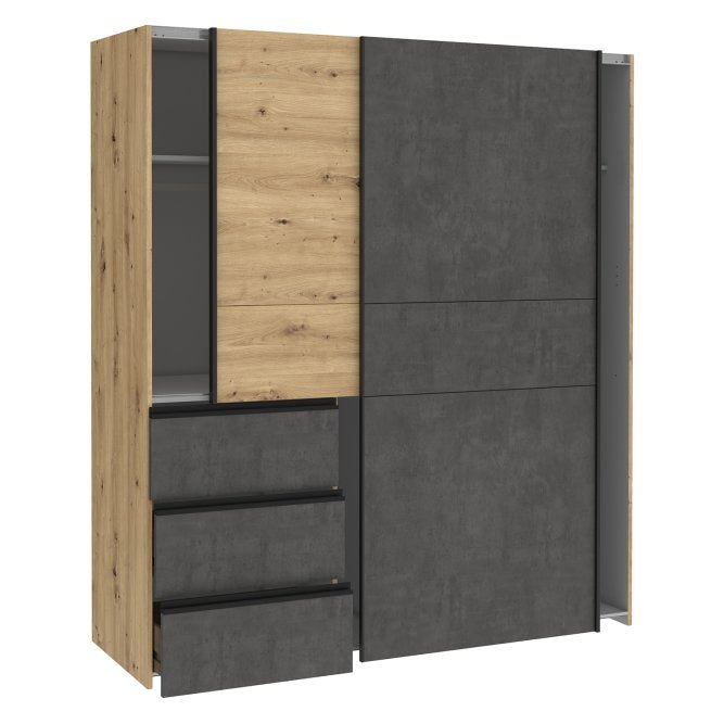 Winn II 170cm wardrobe in Oak Artisan and Concrete Grey with drawers open