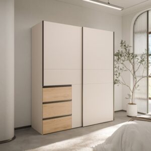 Winn II 170cm sliding wardrobe in Sand with Oak Wild drawer fronts in a calm bedroom